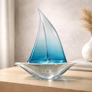 Vintage Murano Style Sailboat Hand Blown Blue Tint Glass Decor